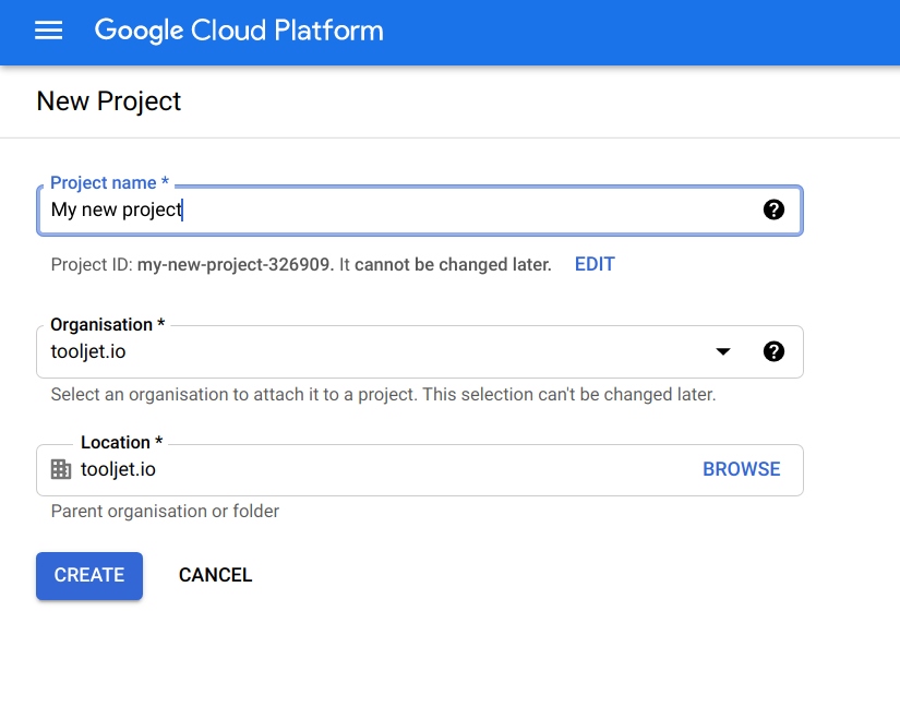ToolJet - Google create project