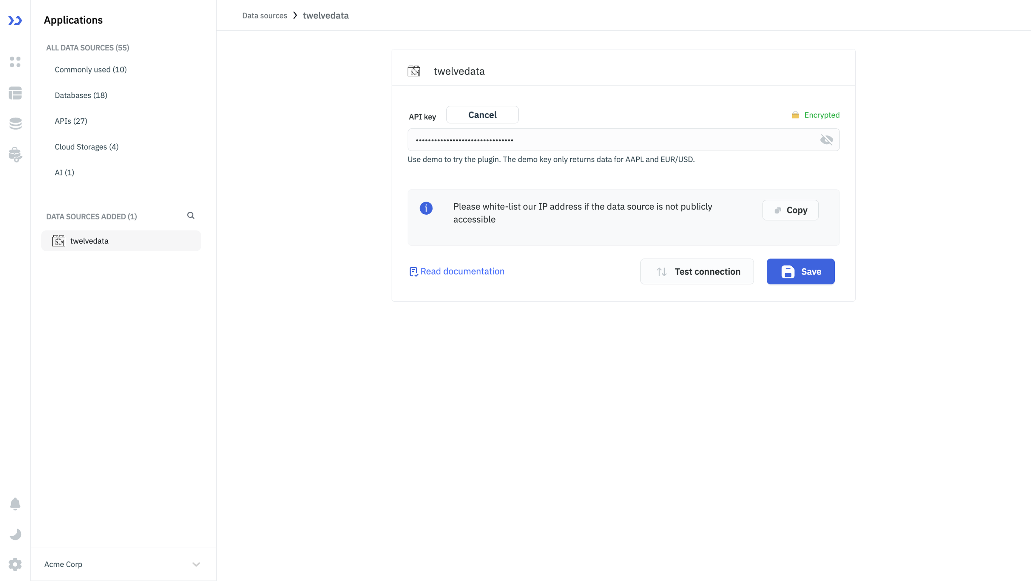 Twelve Data connection form with an encrypted API key field