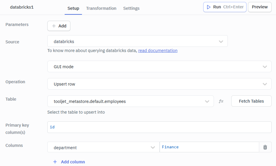Databricks Upsert Rows GUI
