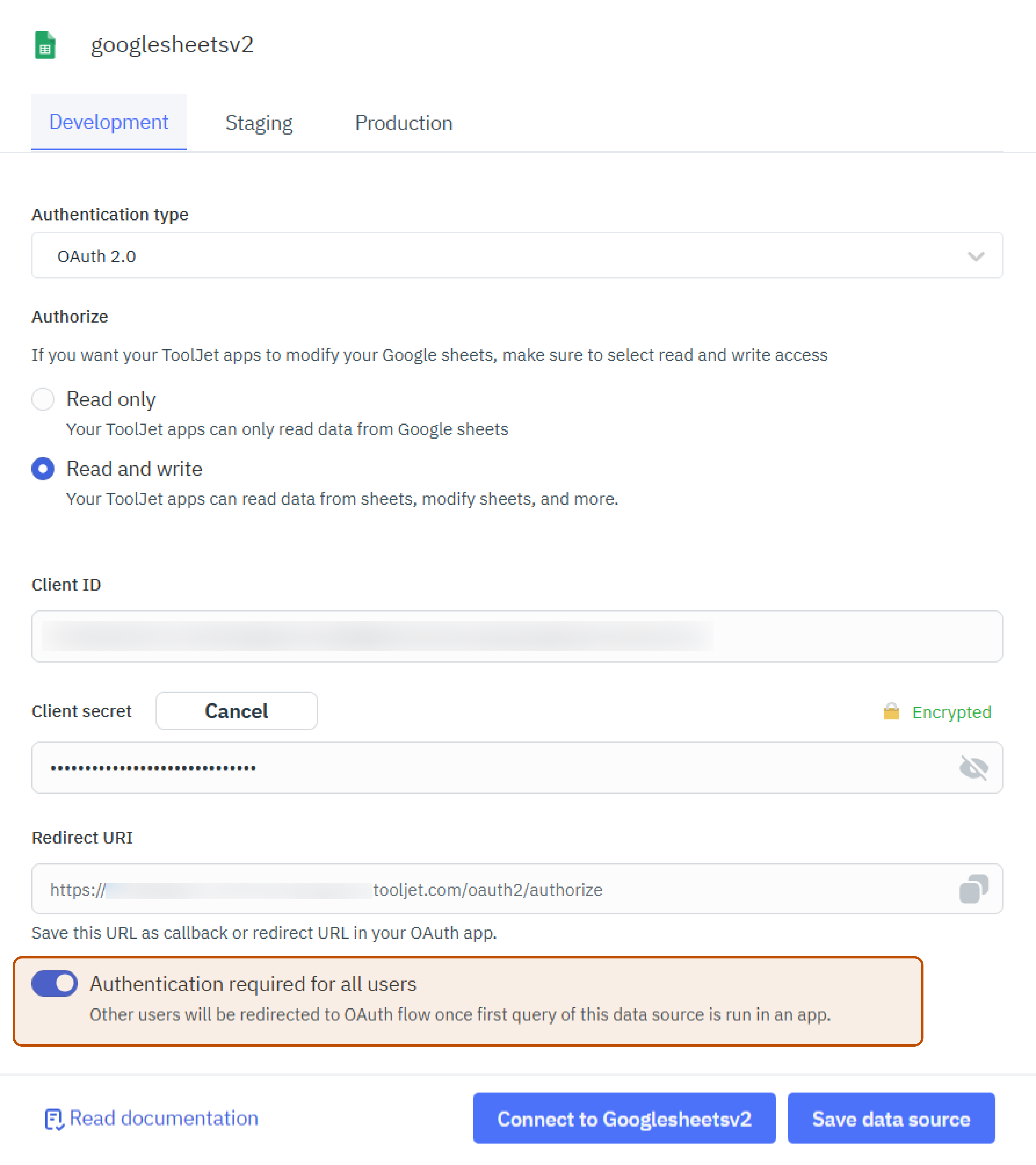 GS2.0 service account auth type connection