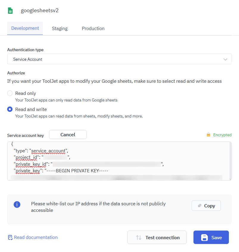 GS2.0 service account auth type connection