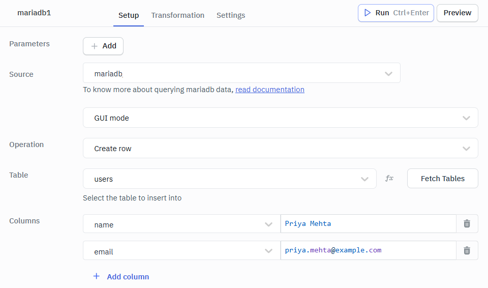 mariaDB create row gui mode