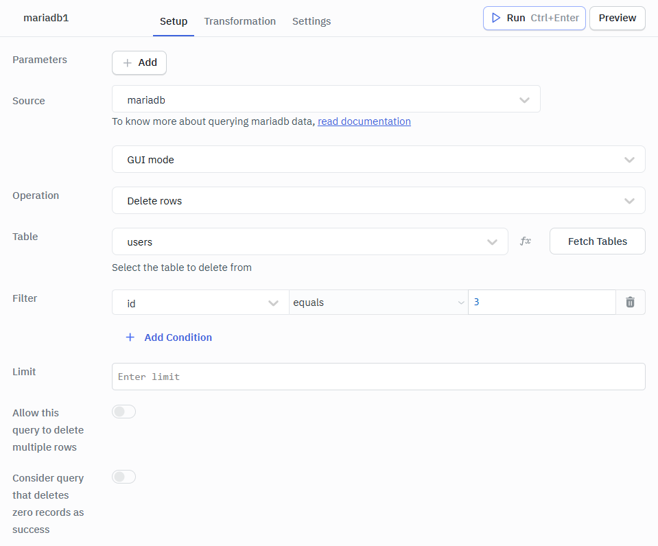 Mariadb delete row gui mode
