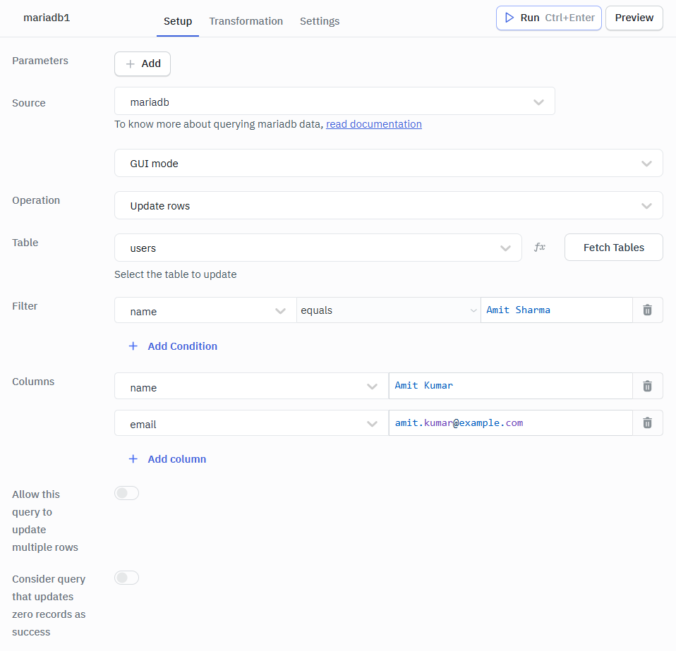 MariaDB update row gui mode
