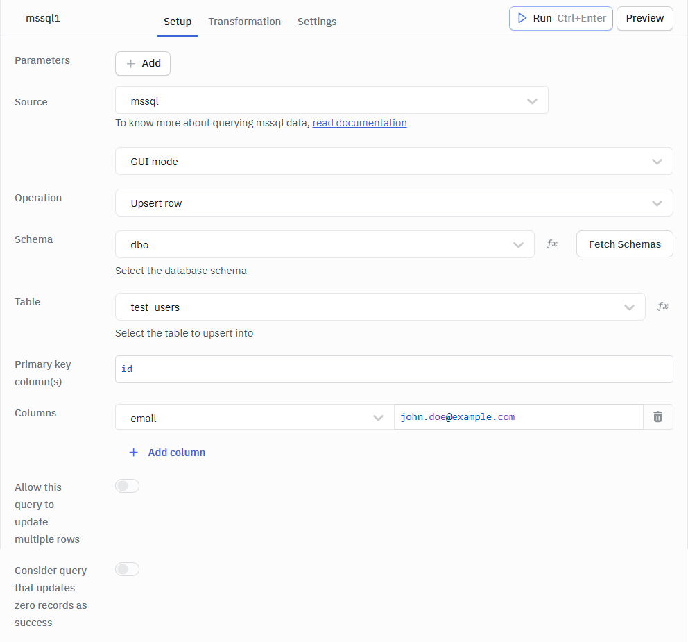 MSsql upsert row gui mode