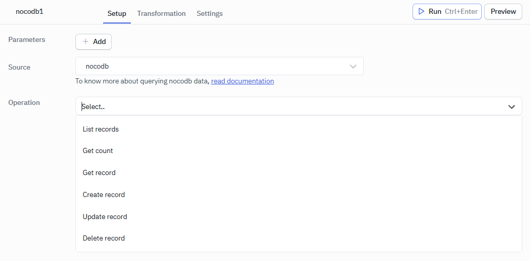 NocoDB supported operations