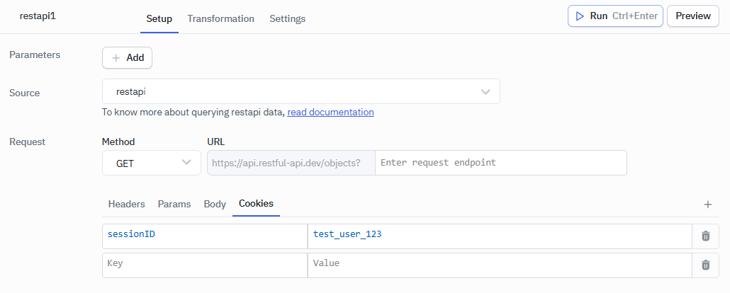 ToolJet - Query Builder - REST API Cookies
