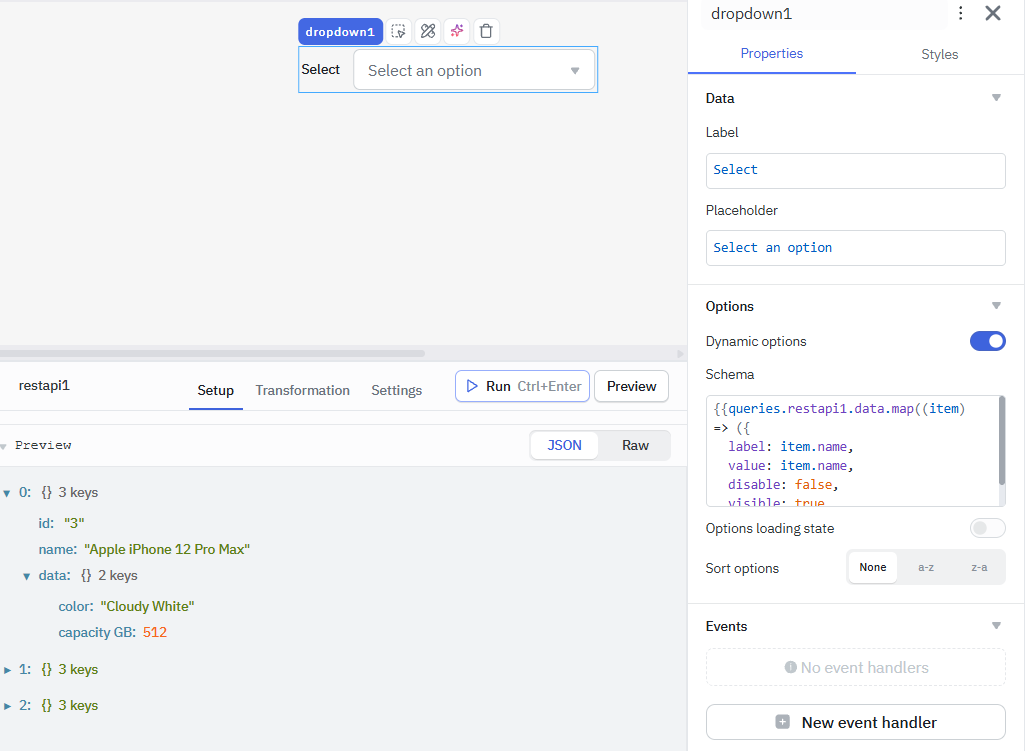 REST API dropdown component mapping 