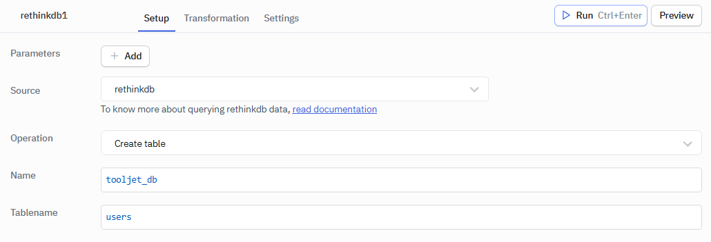 RethinkDB Create Database Operation