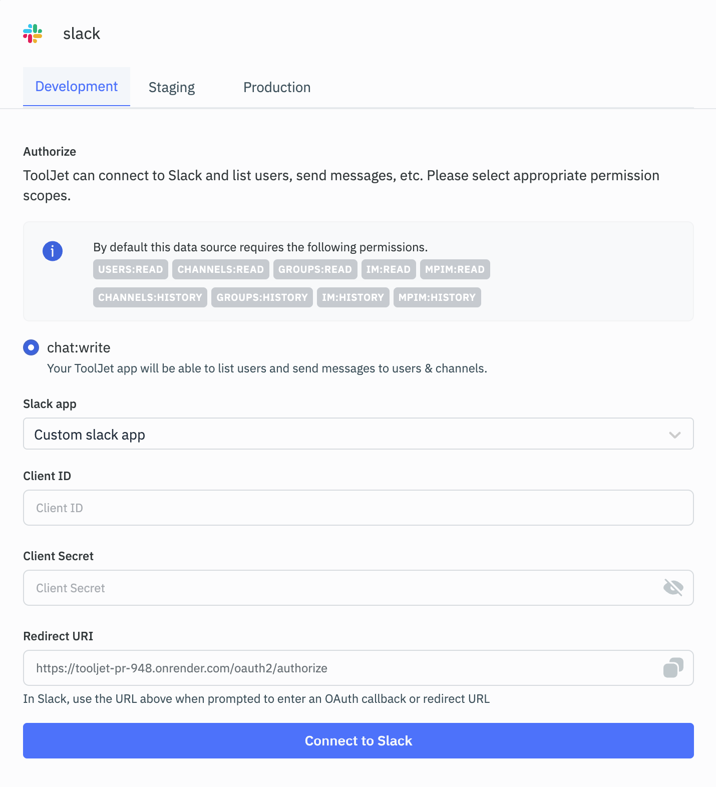 Slack datasource: ToolJet