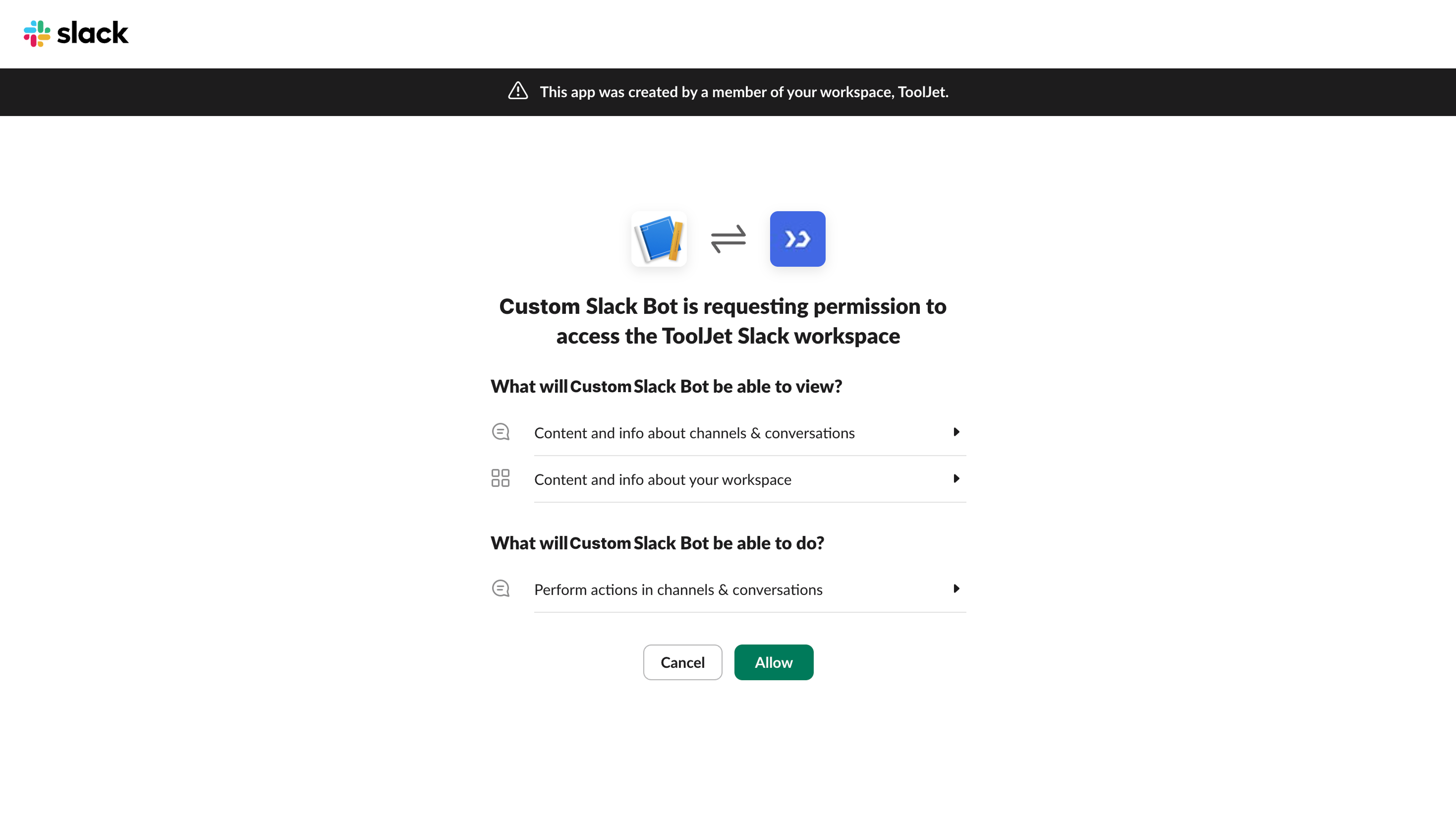 Slack datasource: ToolJet
