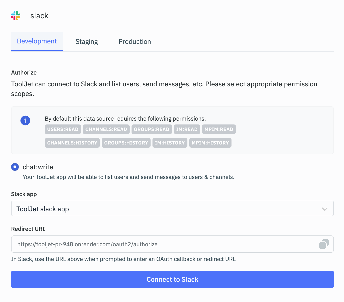 Slack datasource: ToolJet