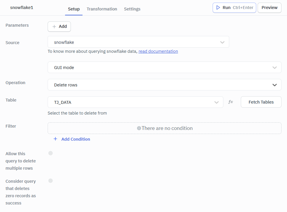 Snowflake delete rows gui