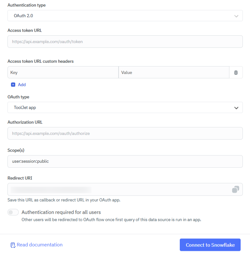 ToolJet - Snowflake connection