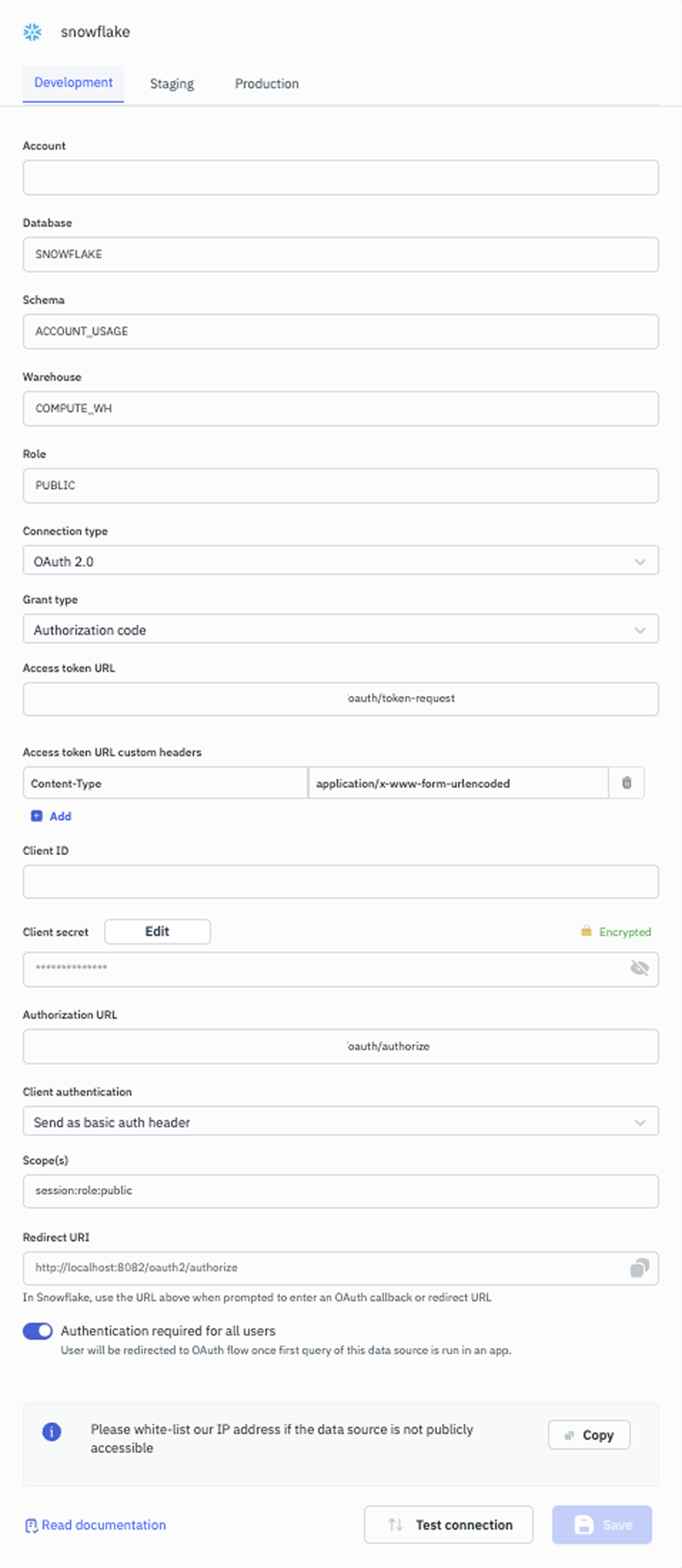 ToolJet - Snowflake connection