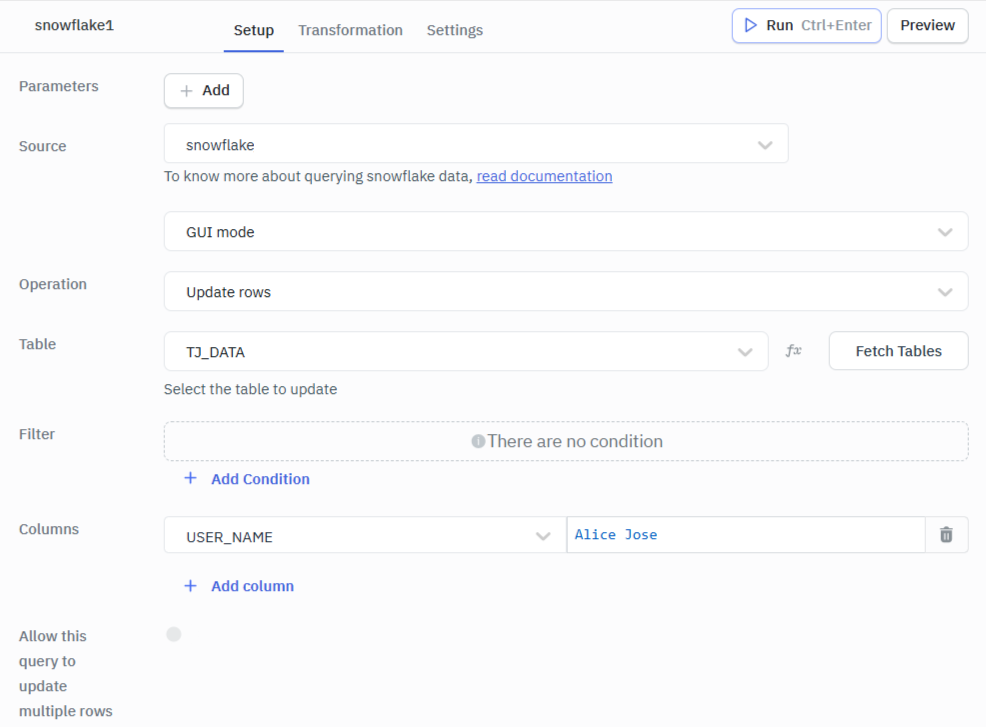 Snowflake update rows gui