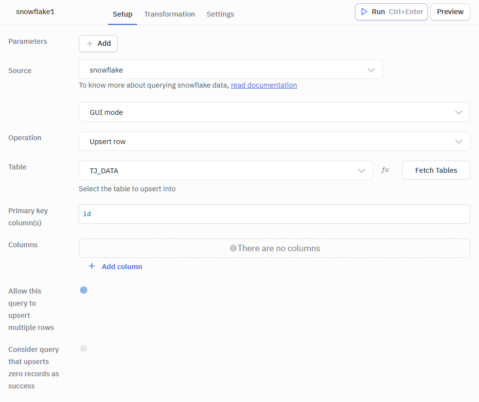 Snowflake upsert rows gui
