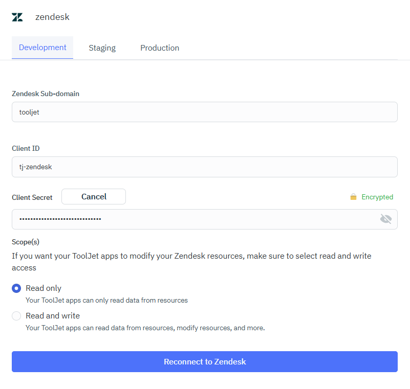 ToolJet - Data source - Zendesk