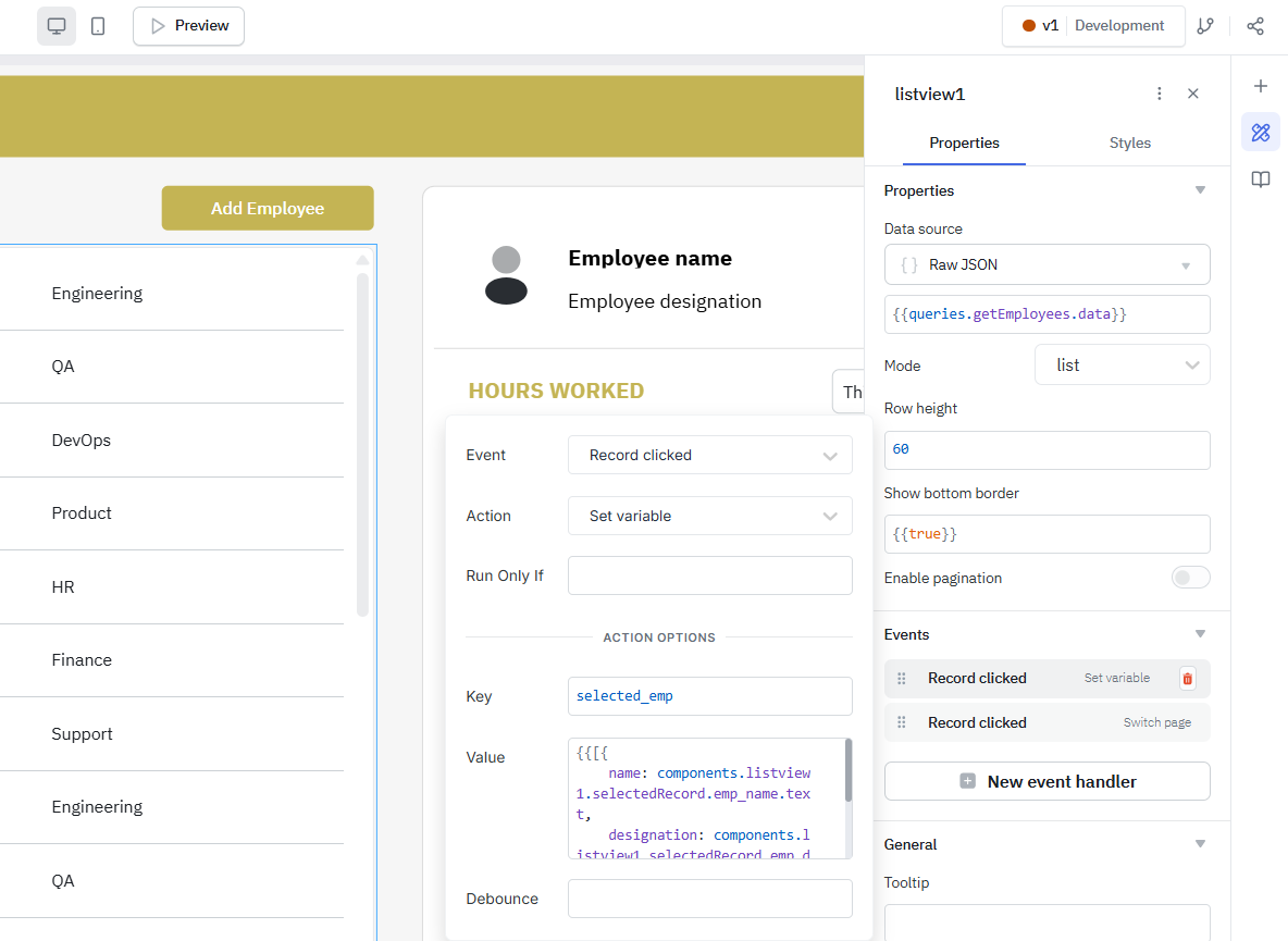 Add event handler to set variables