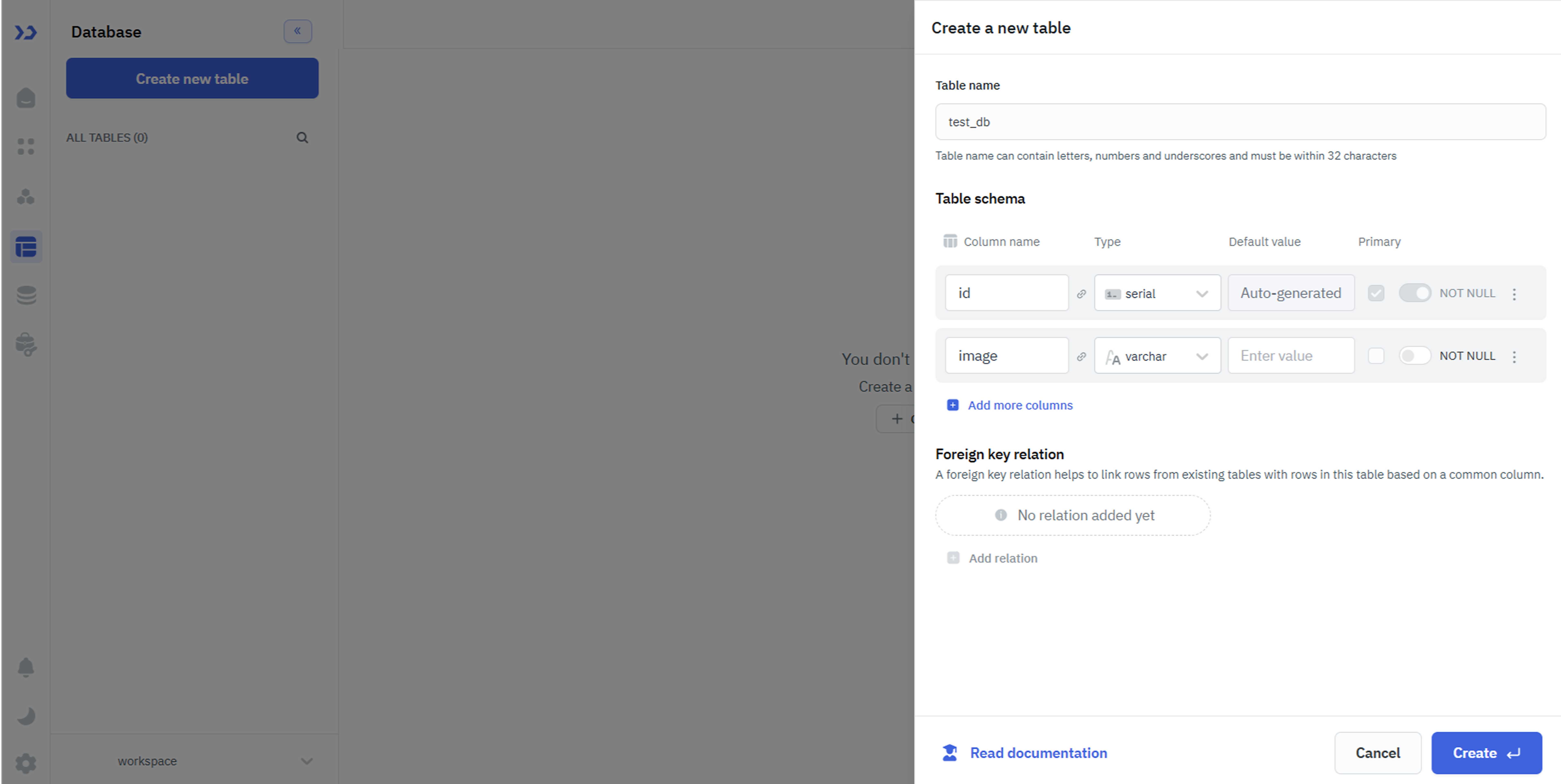 Create New Table in TJDB