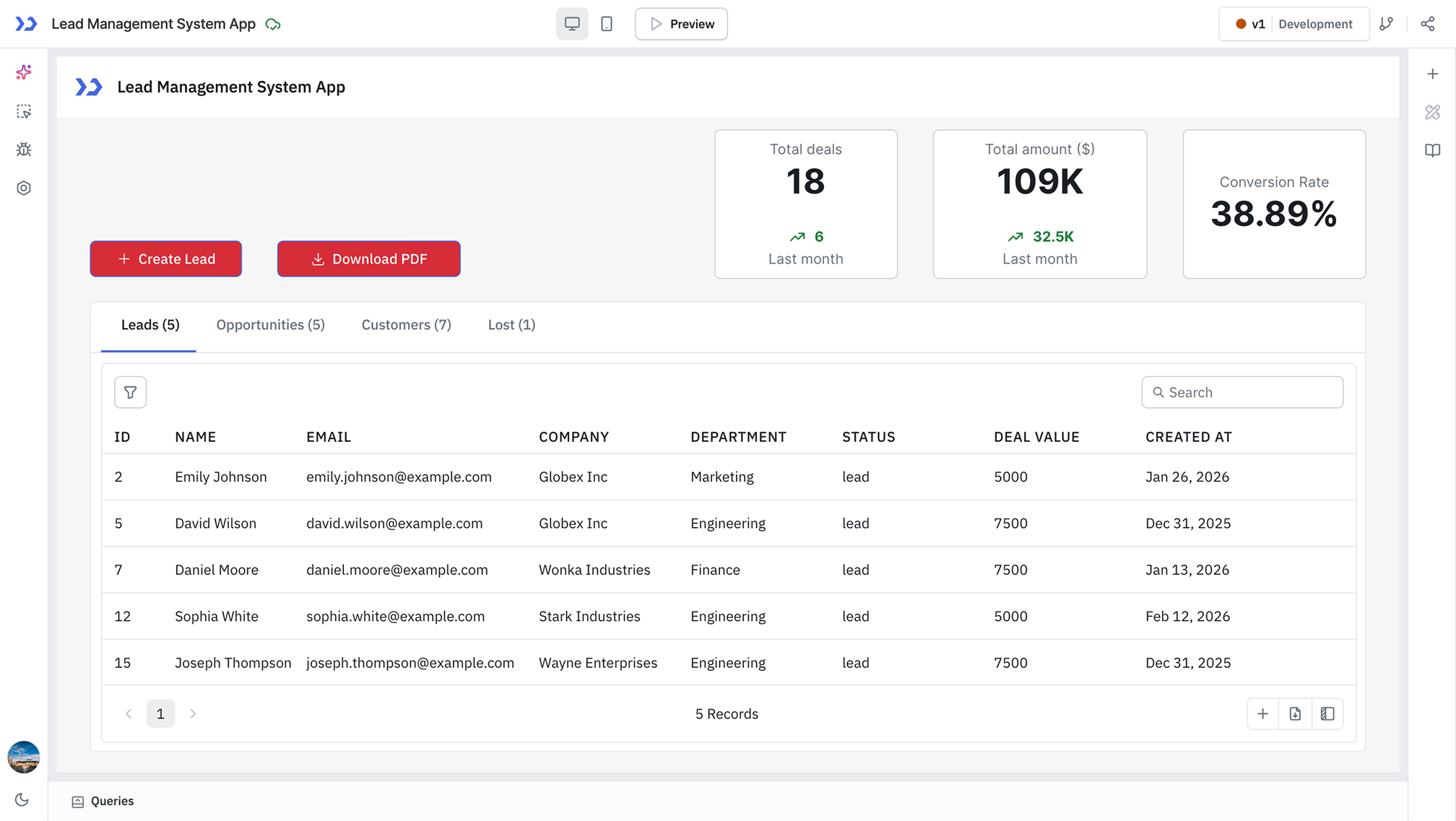 Lead management application with tabs