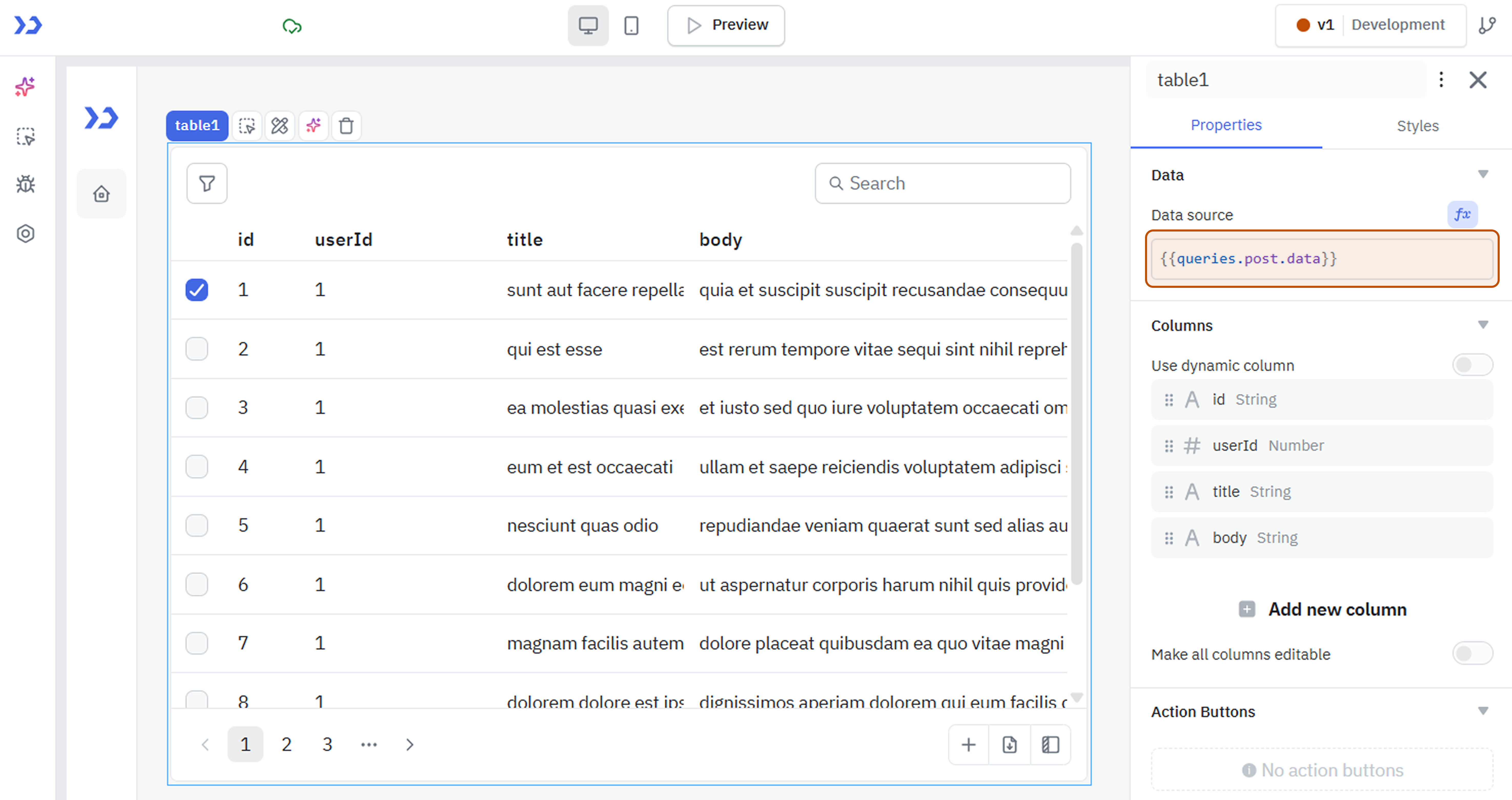 Table component with query binding