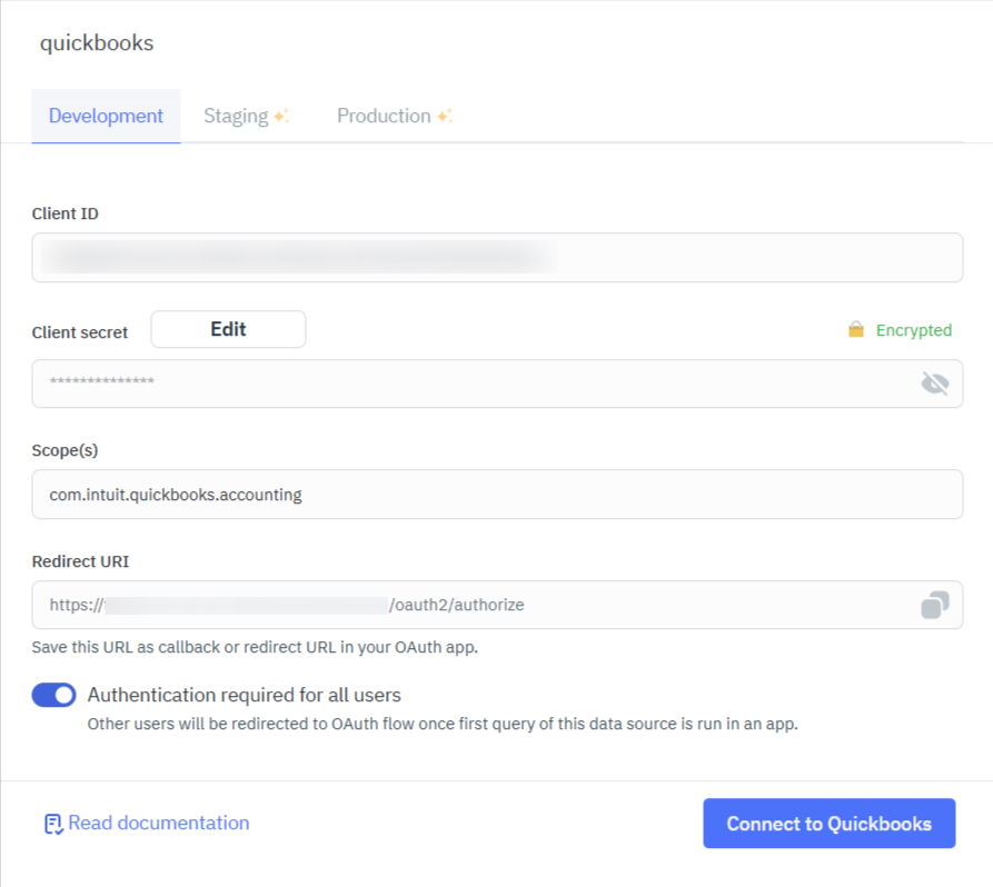 Quickbooks Connection page