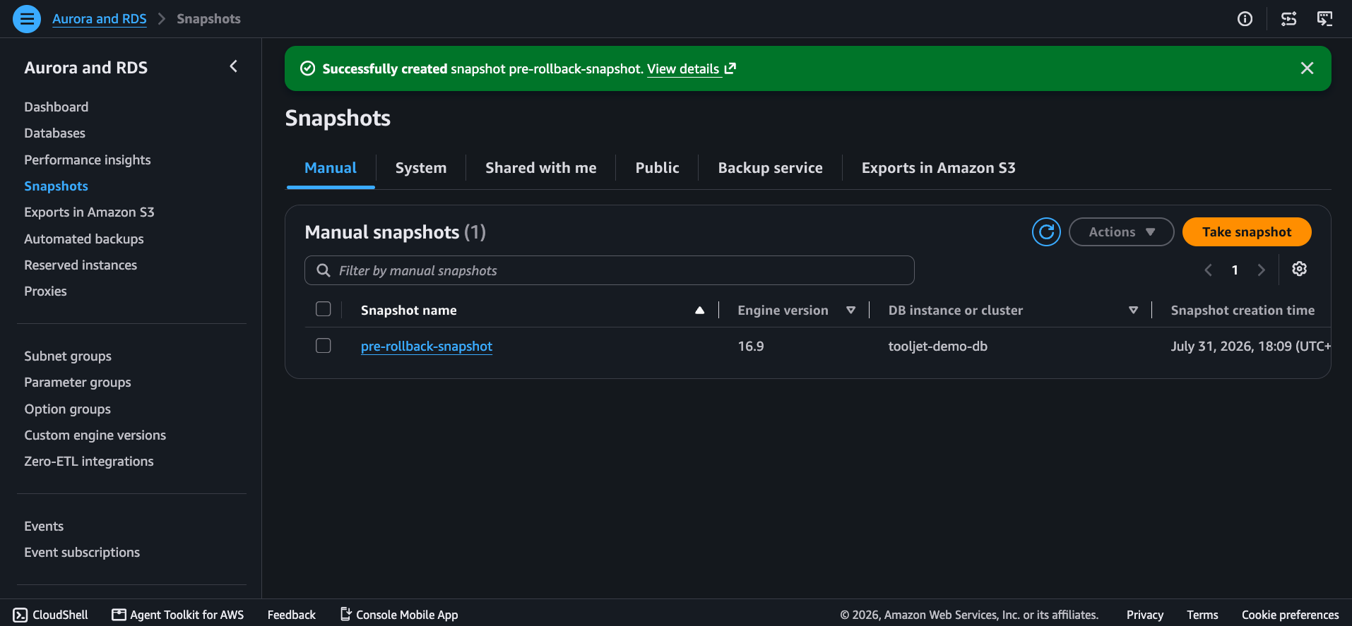 RDS snapshot successfully created