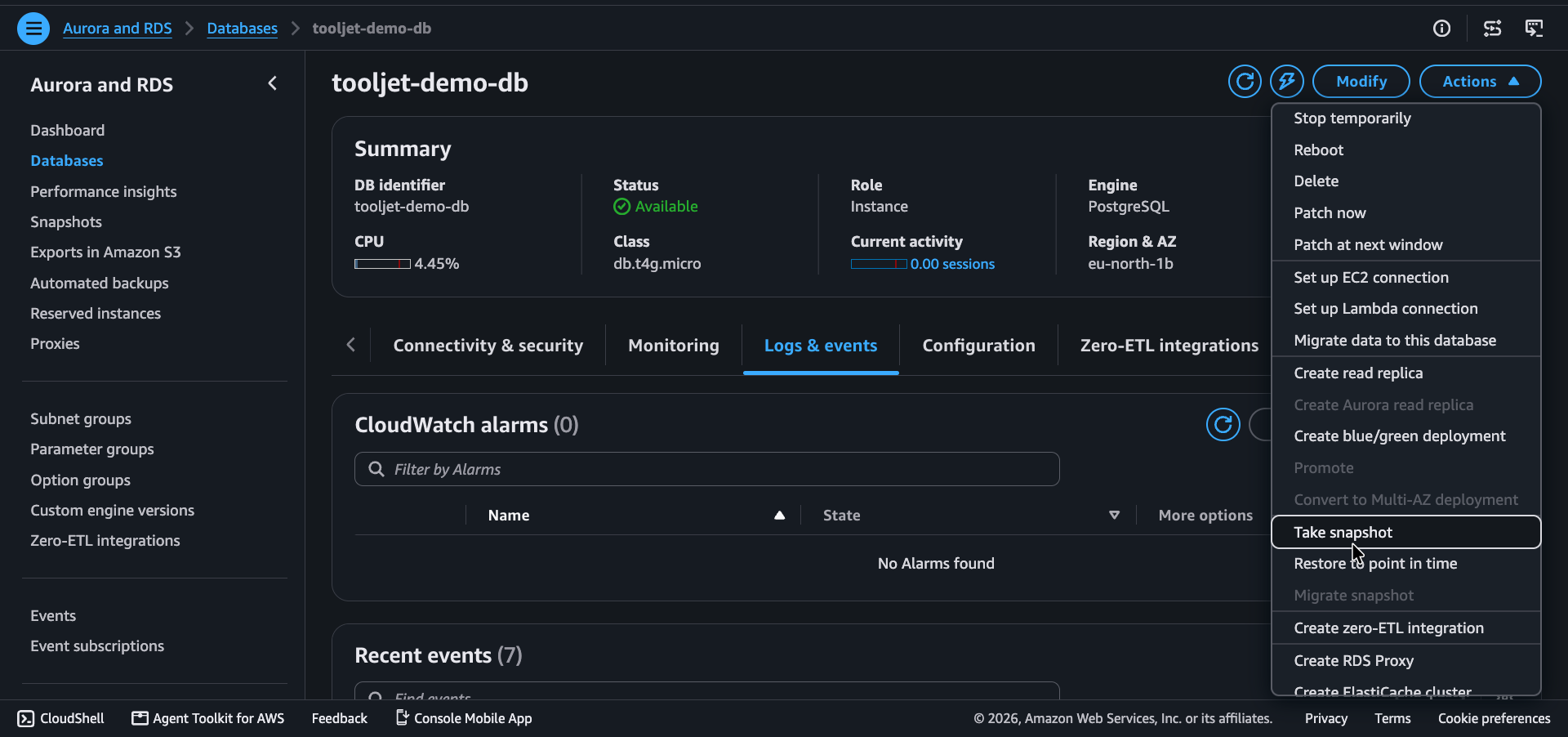 RDS Actions menu with Take snapshot option