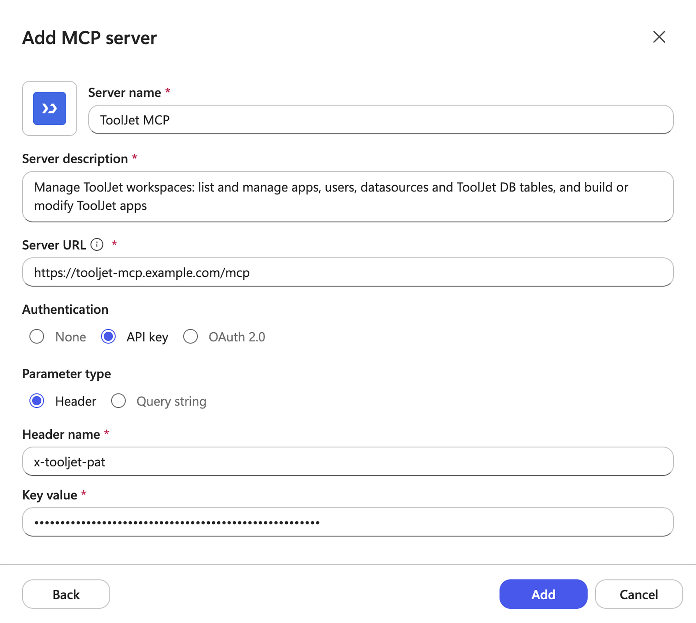 Add MCP server dialog with the ToolJet MCP values