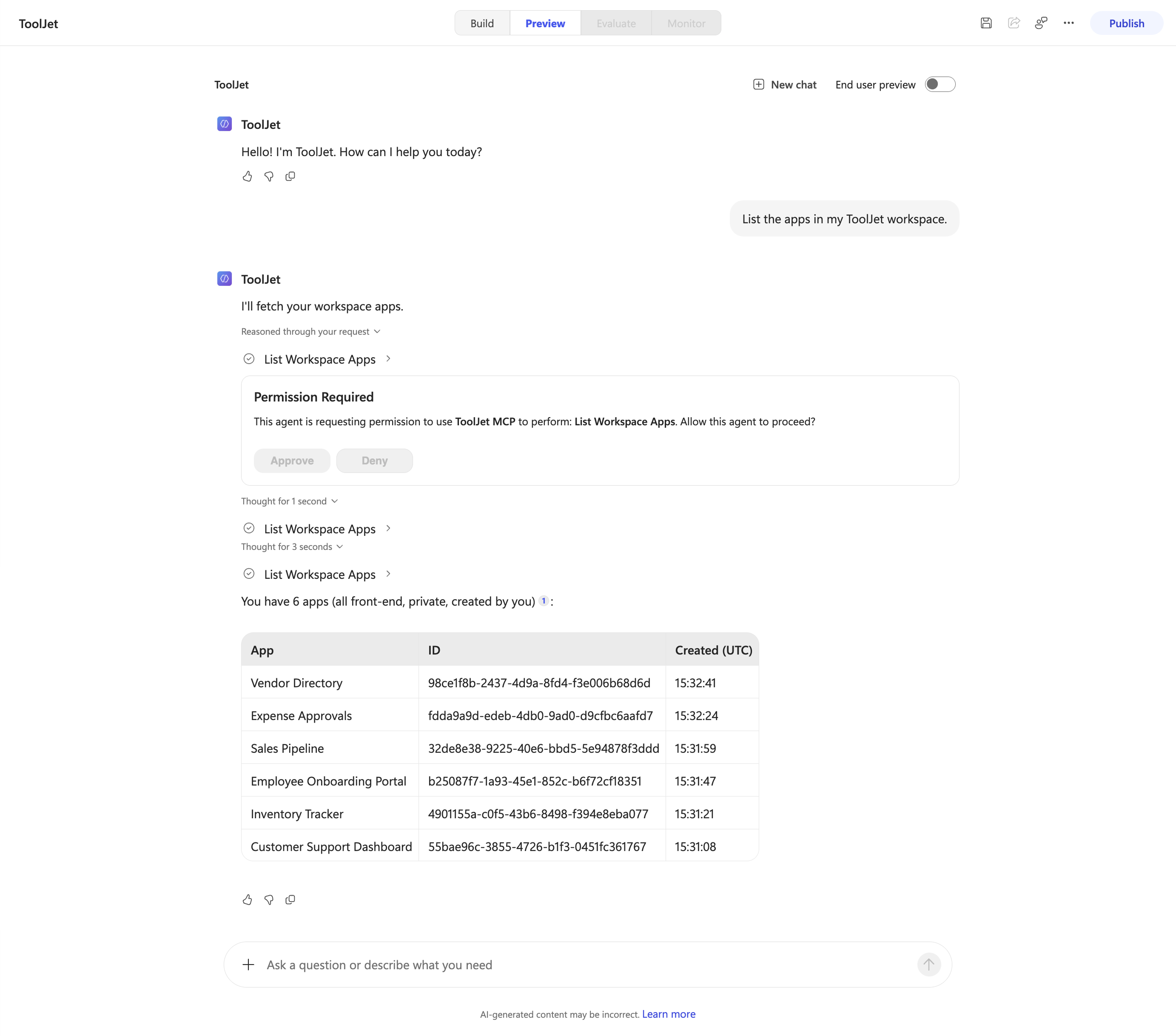 Agent listing the applications in the ToolJet workspace after the Permission Required card