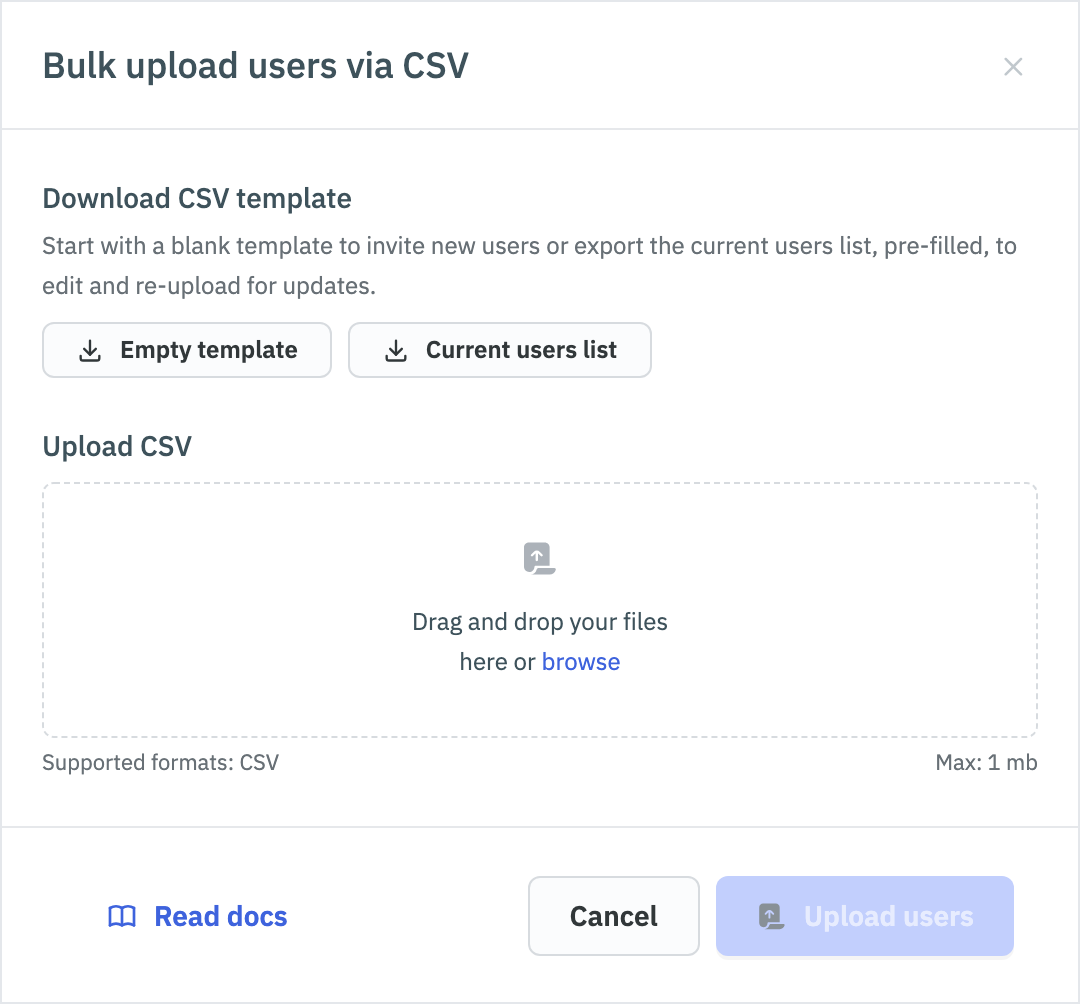 Bulk upload users via CSV drawer with template downloads and the upload area