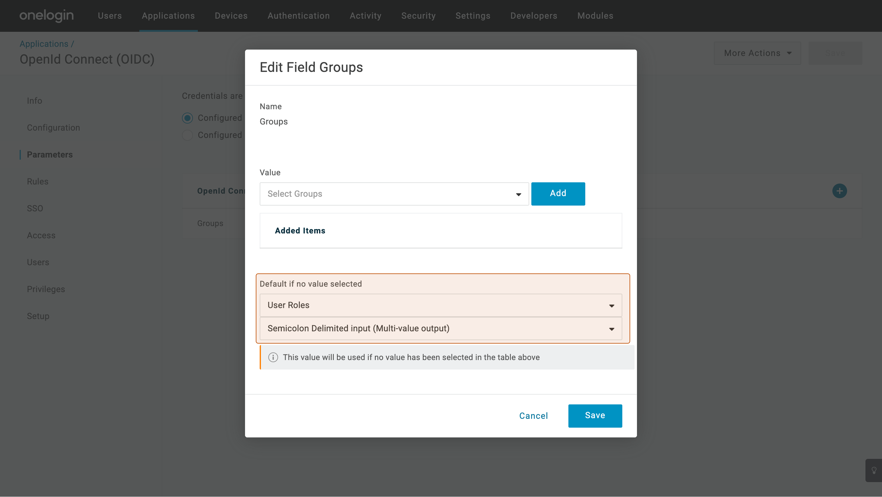 OneLogin: Edit Field Groups