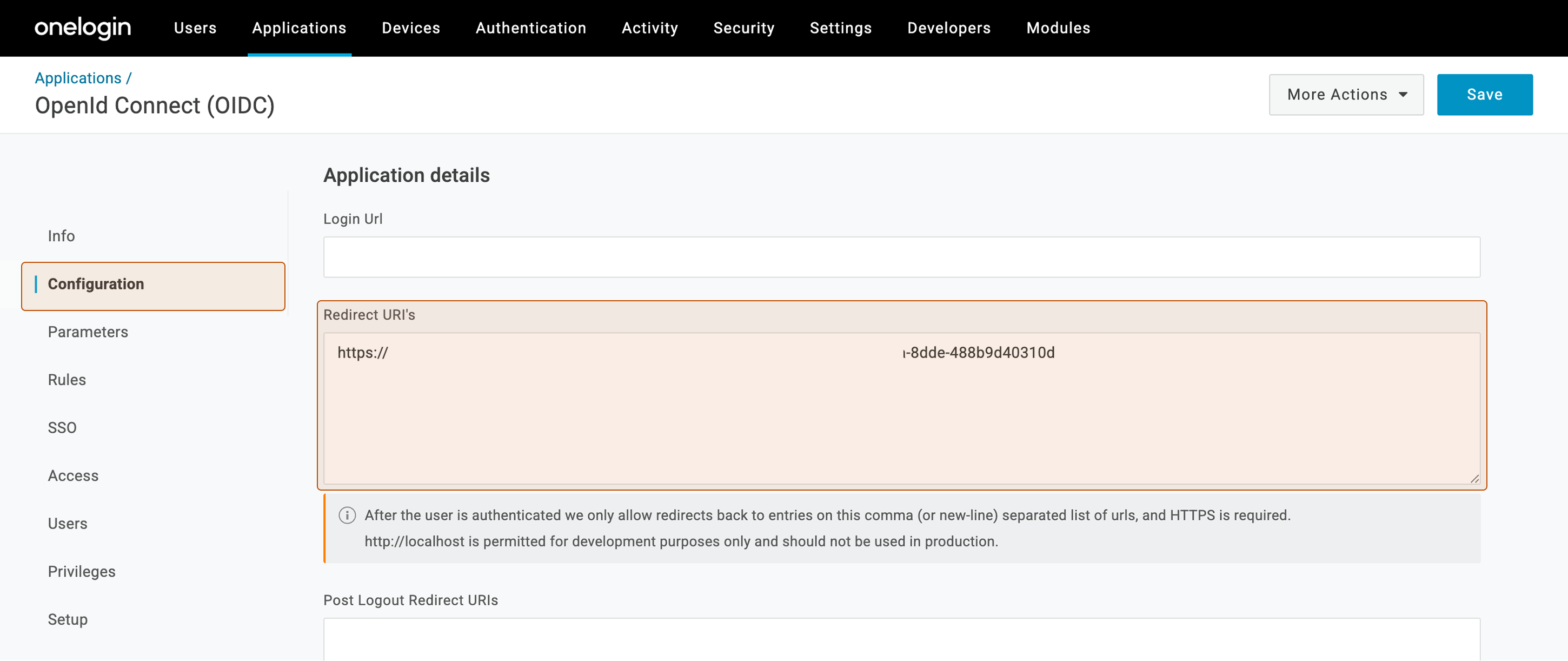 OneLogin: Redirect URL