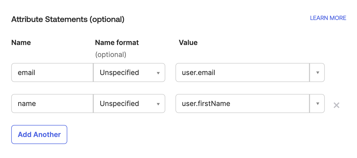 Okta Configure SAML ATTRIBUTE STATEMENTS
