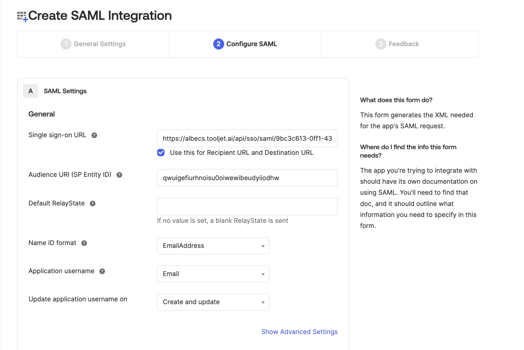 Okta Configure SAML General