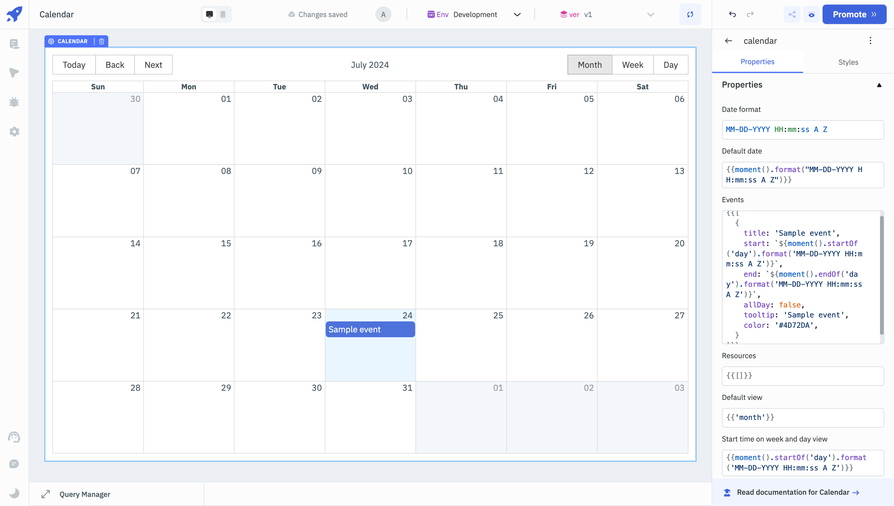 ToolJet - Widget Reference - Calendar