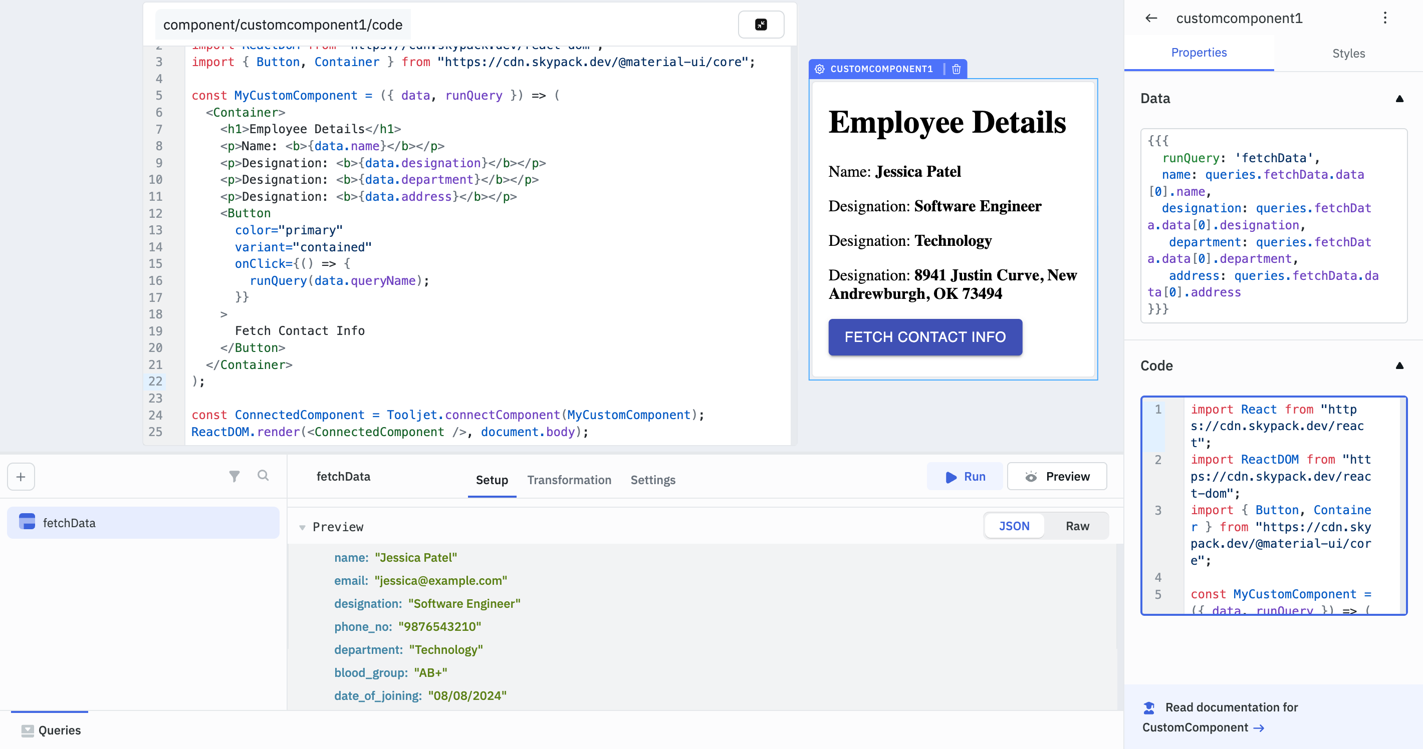 Custom Component Run Query code
