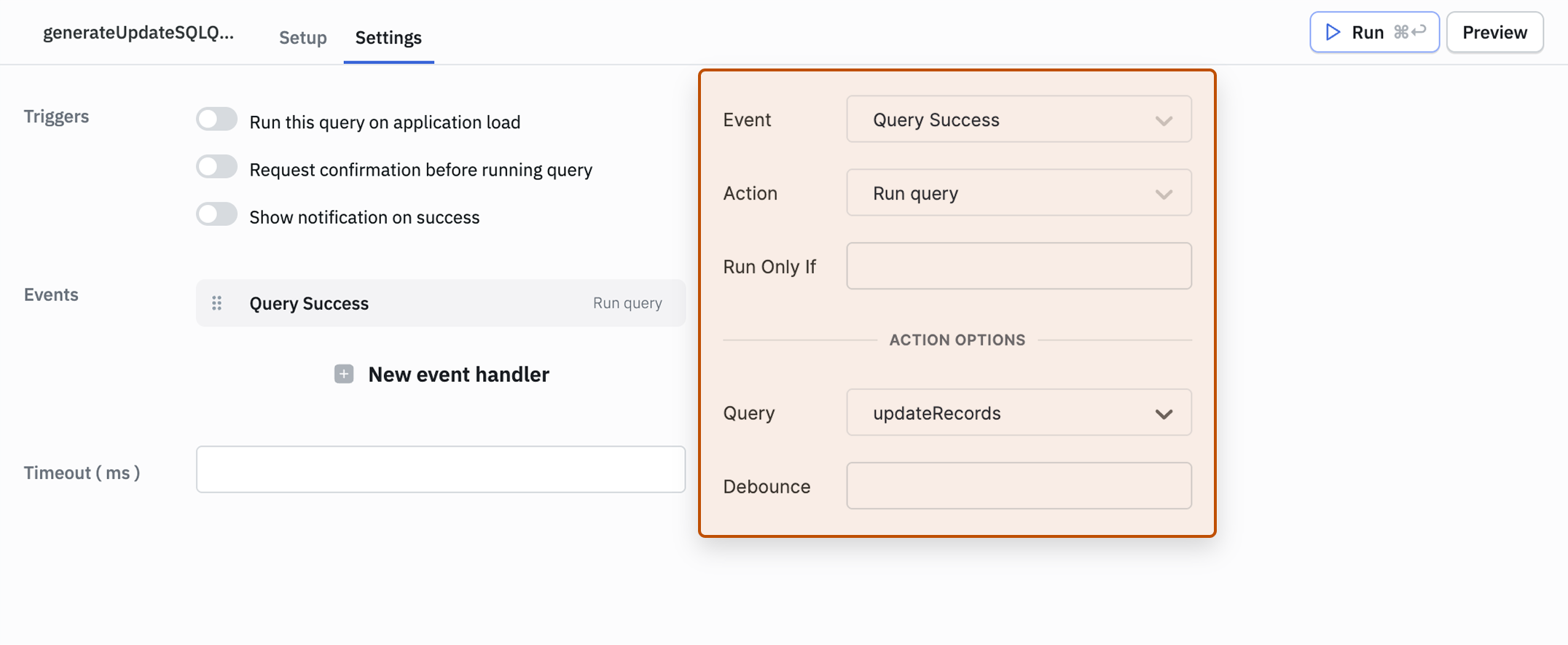 Generate Update SQL Query Success Event