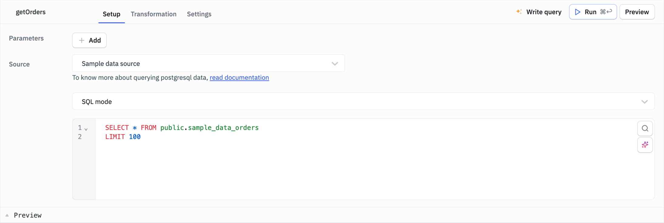 Query panel with the SELECT query that fetches the order records