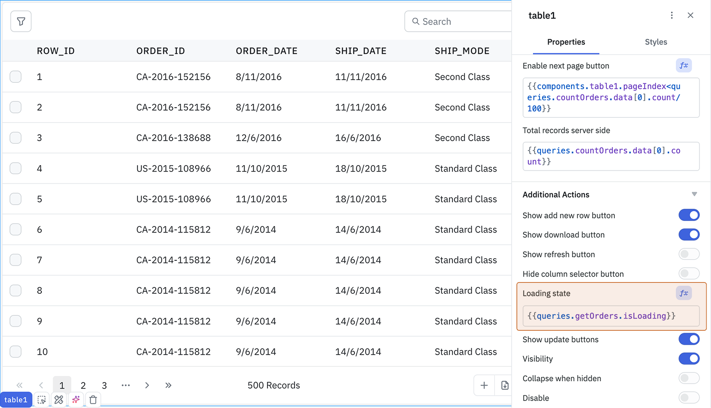 Bind the loading state to the query's isLoading property