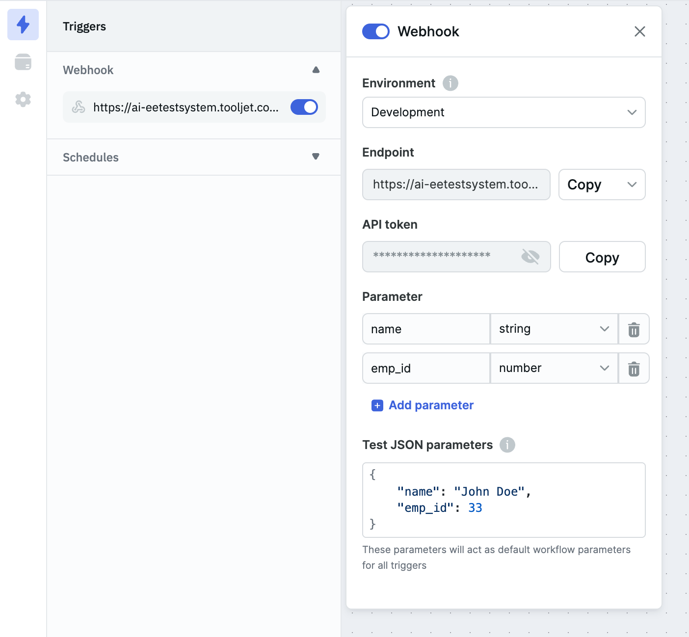 Webhook option on the left panel