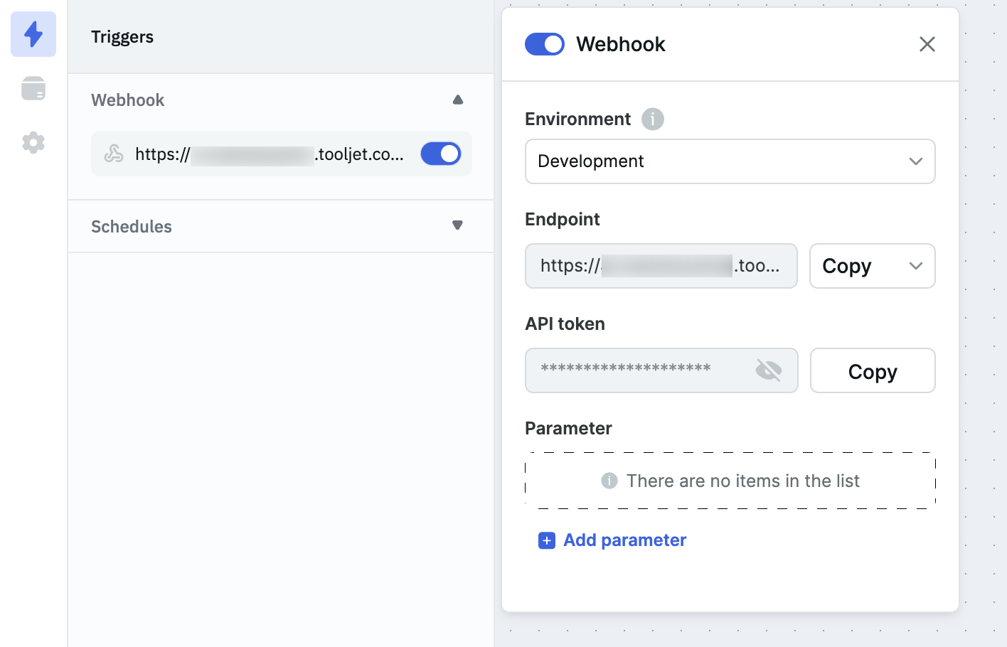 Webhook option on the left panel