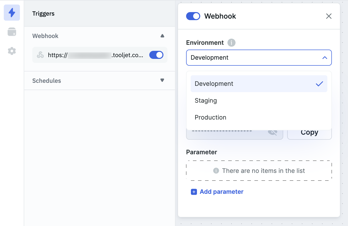 Webhook option on the left panel