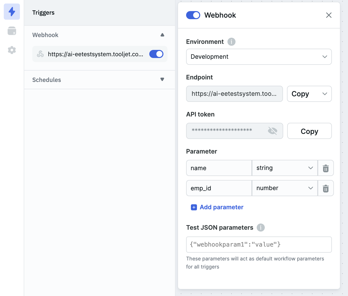 Webhook option on the left panel