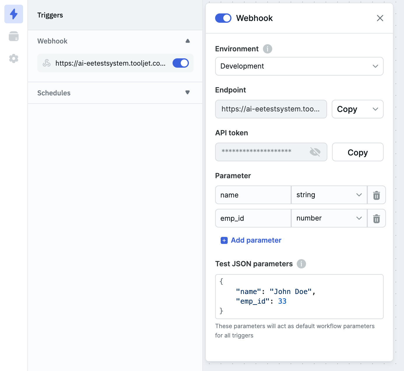 Webhook option on the left panel