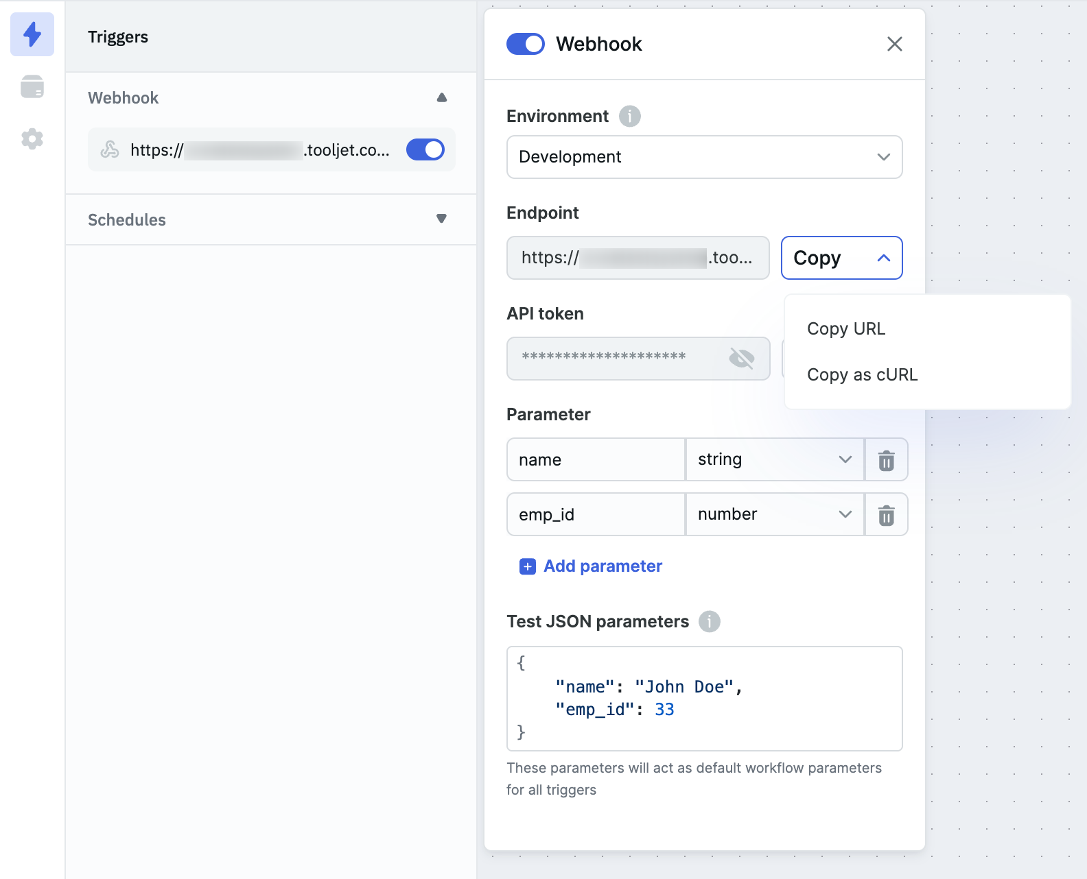Webhook option on the left panel